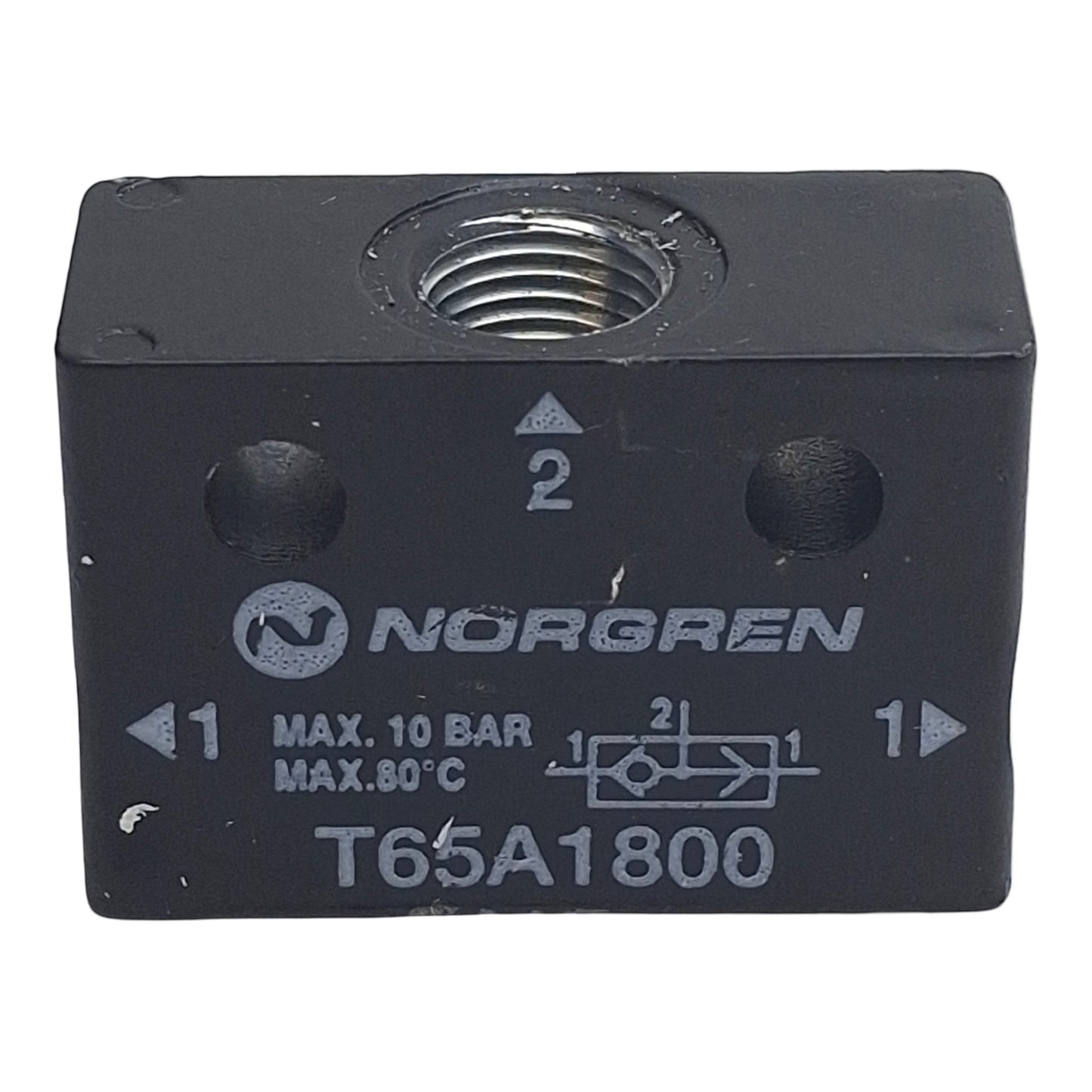 Used Norgren T65A1800 Shuttle Valve, 3-Port 1/8in NPT, 10-145psi, 0.42Cv