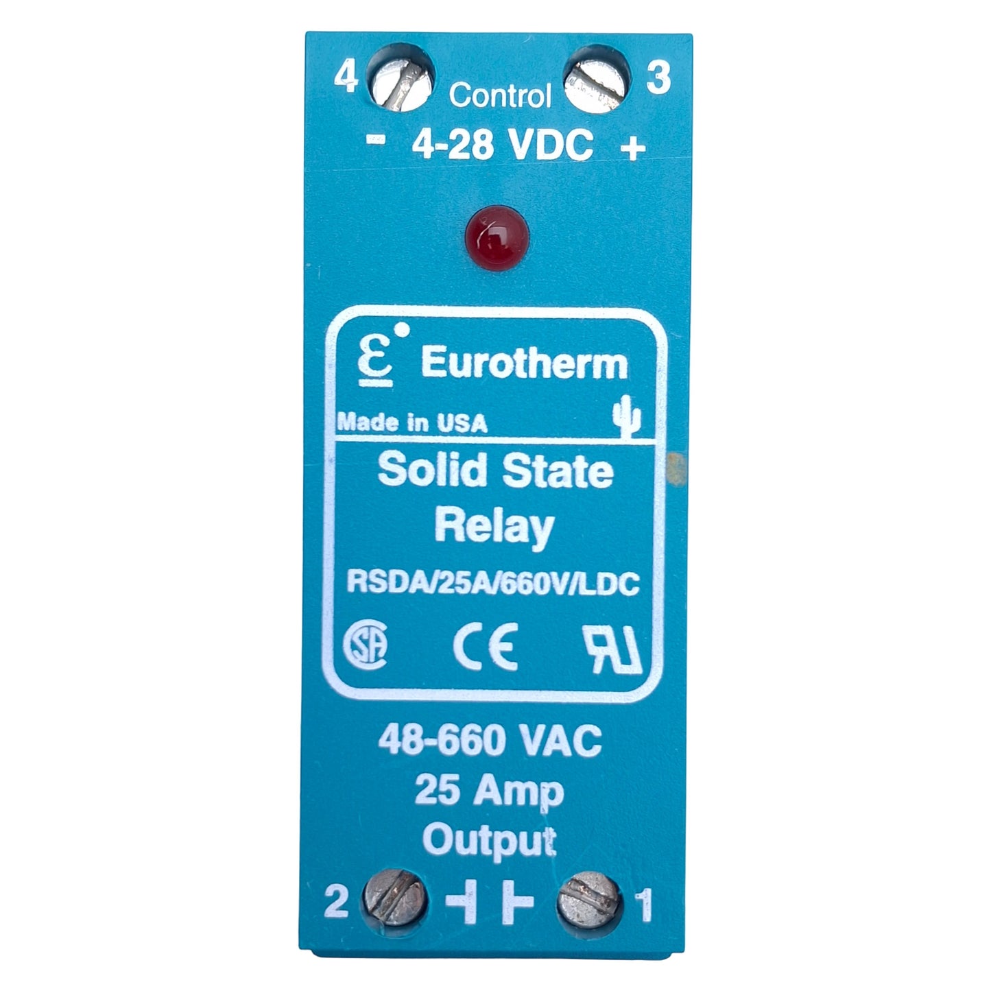 Used Eurotherm RSDA/25A/660V/LDC Solid State Relay, Control: 4-28VDC, Out: 48-660VAC