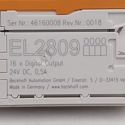 Used Beckhoff EL2809 EtherCAT Terminal, 16-Channel Digital Output, 24VDC 0.5A