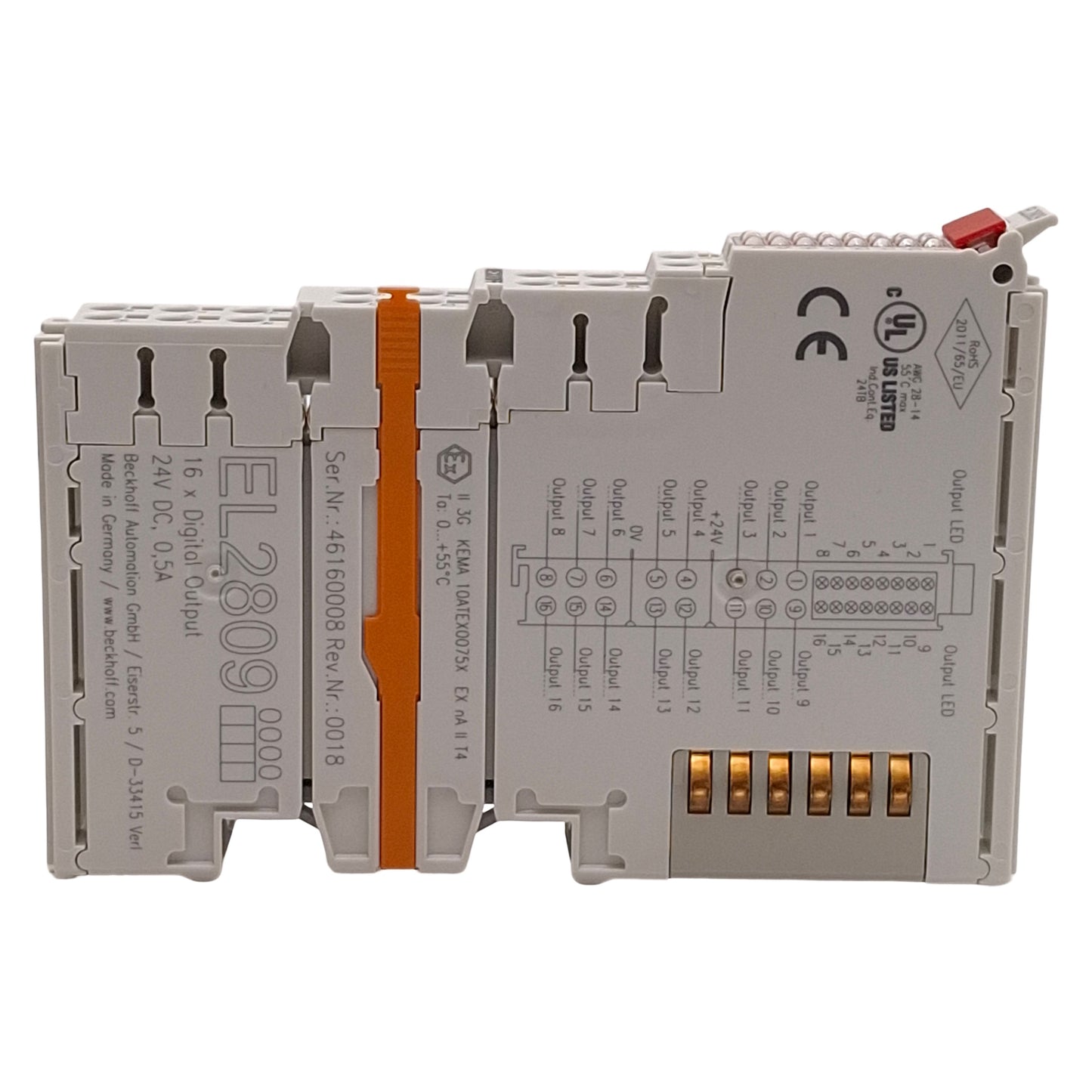 Used Beckhoff EL2809 EtherCAT Terminal, 16-Channel Digital Output, 24VDC 0.5A