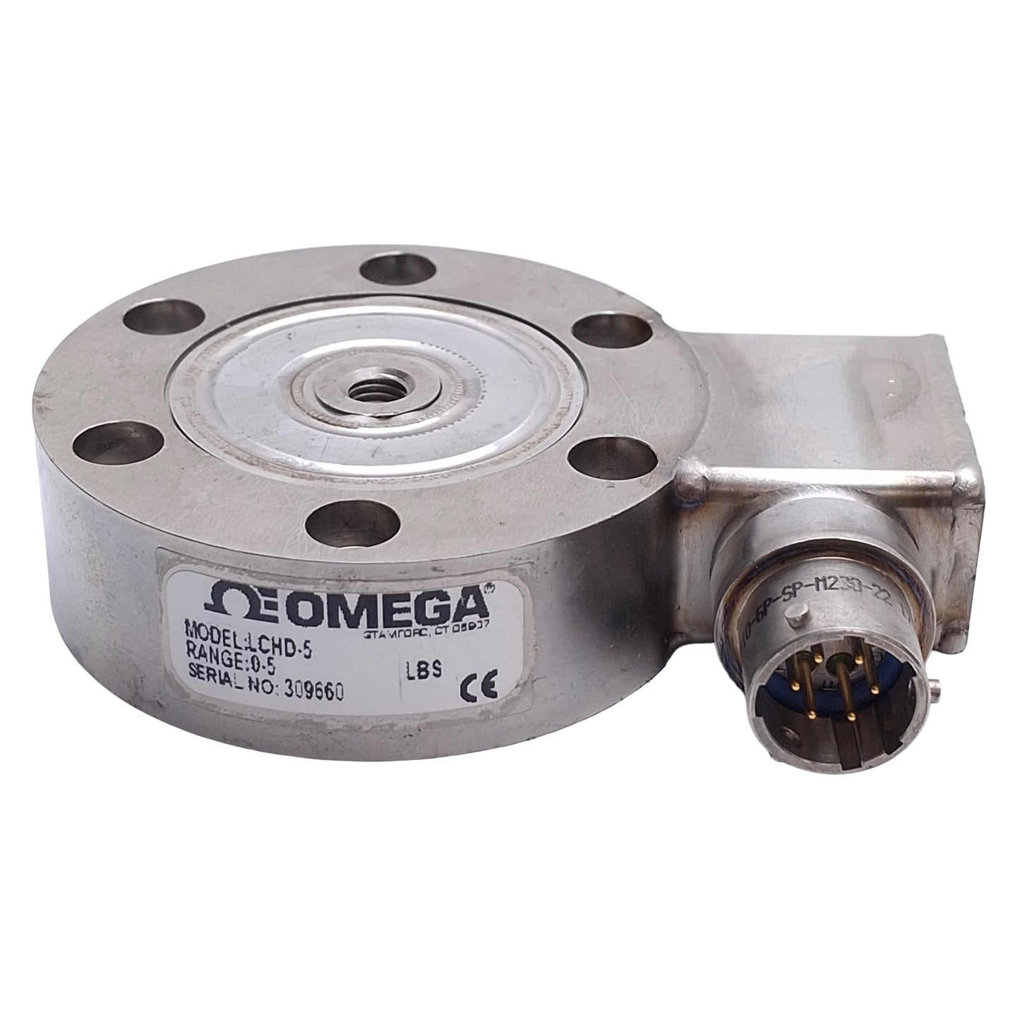 Used Omega Engineering LCHD-5 Low Profile Pancake Style Load Cell 1/4-28 UNF, 5lbs