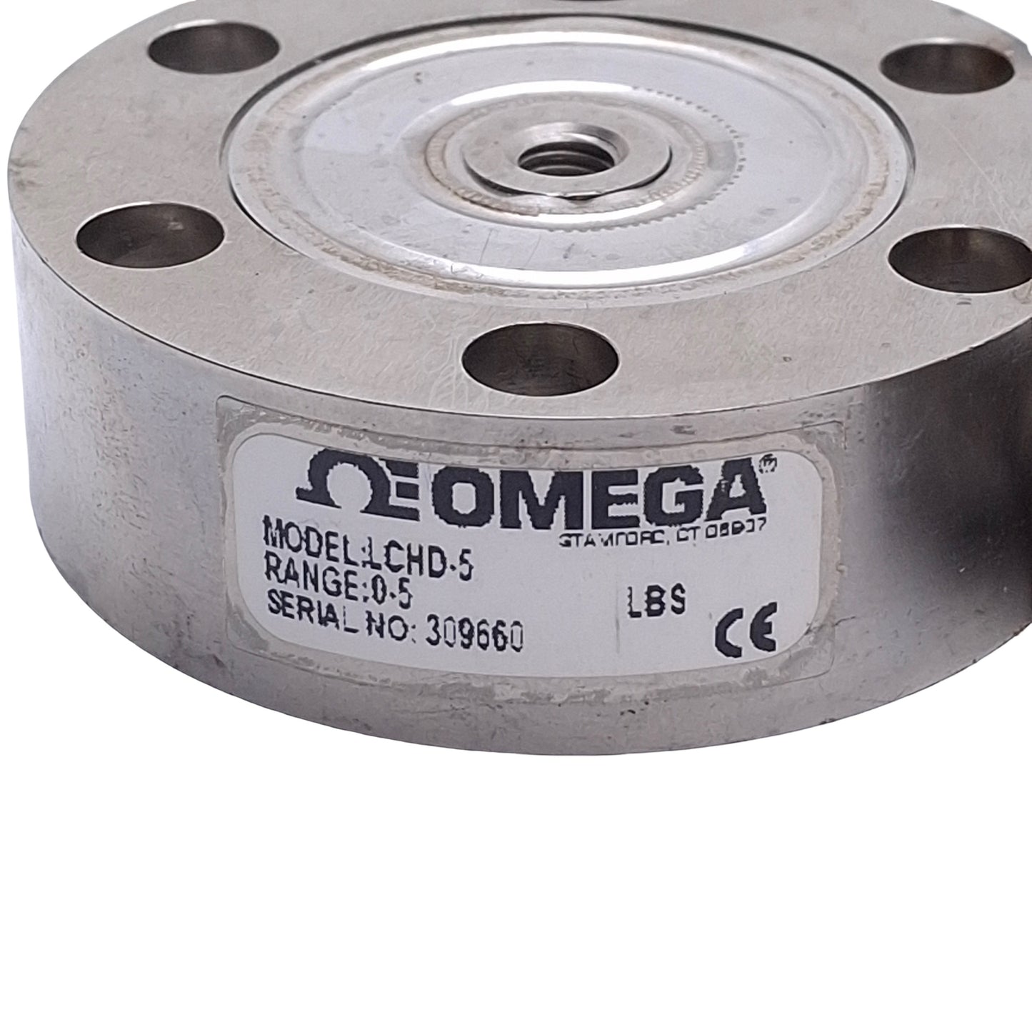 Used Omega Engineering LCHD-5 Low Profile Pancake Style Load Cell 1/4-28 UNF, 5lbs