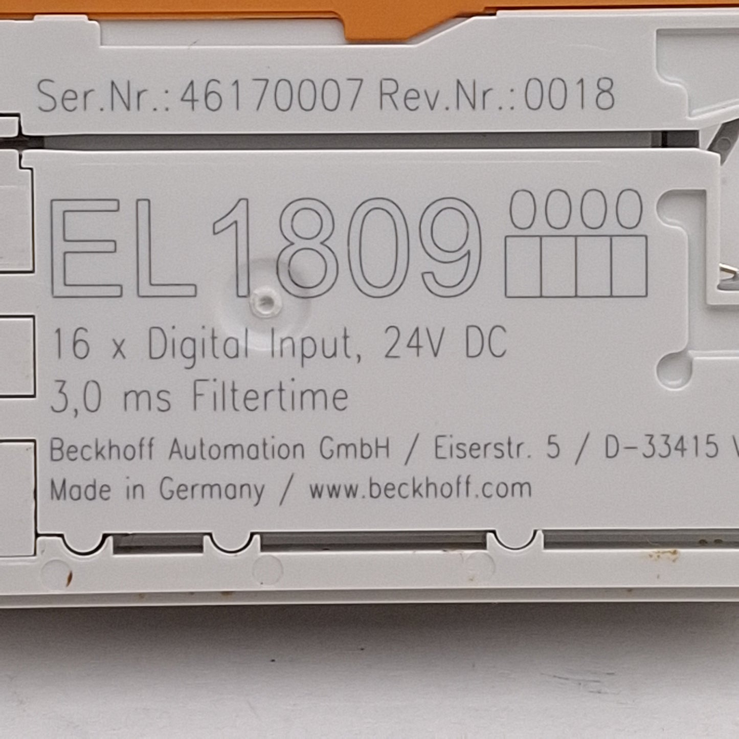 Used Beckhoff EL1809 EtherCAT Terminal, 16-Channel Digital Input, 24VDC, 3ms Filter