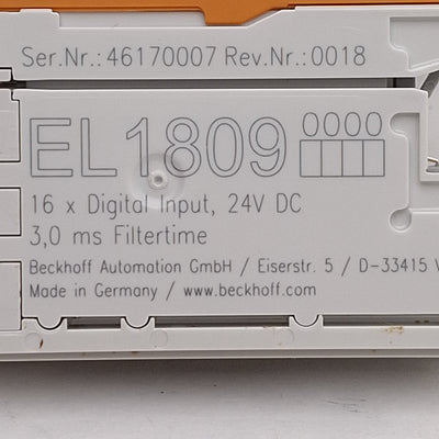 Used Beckhoff EL1809 EtherCAT Terminal, 16-Channel Digital Input, 24VDC, 3ms Filter