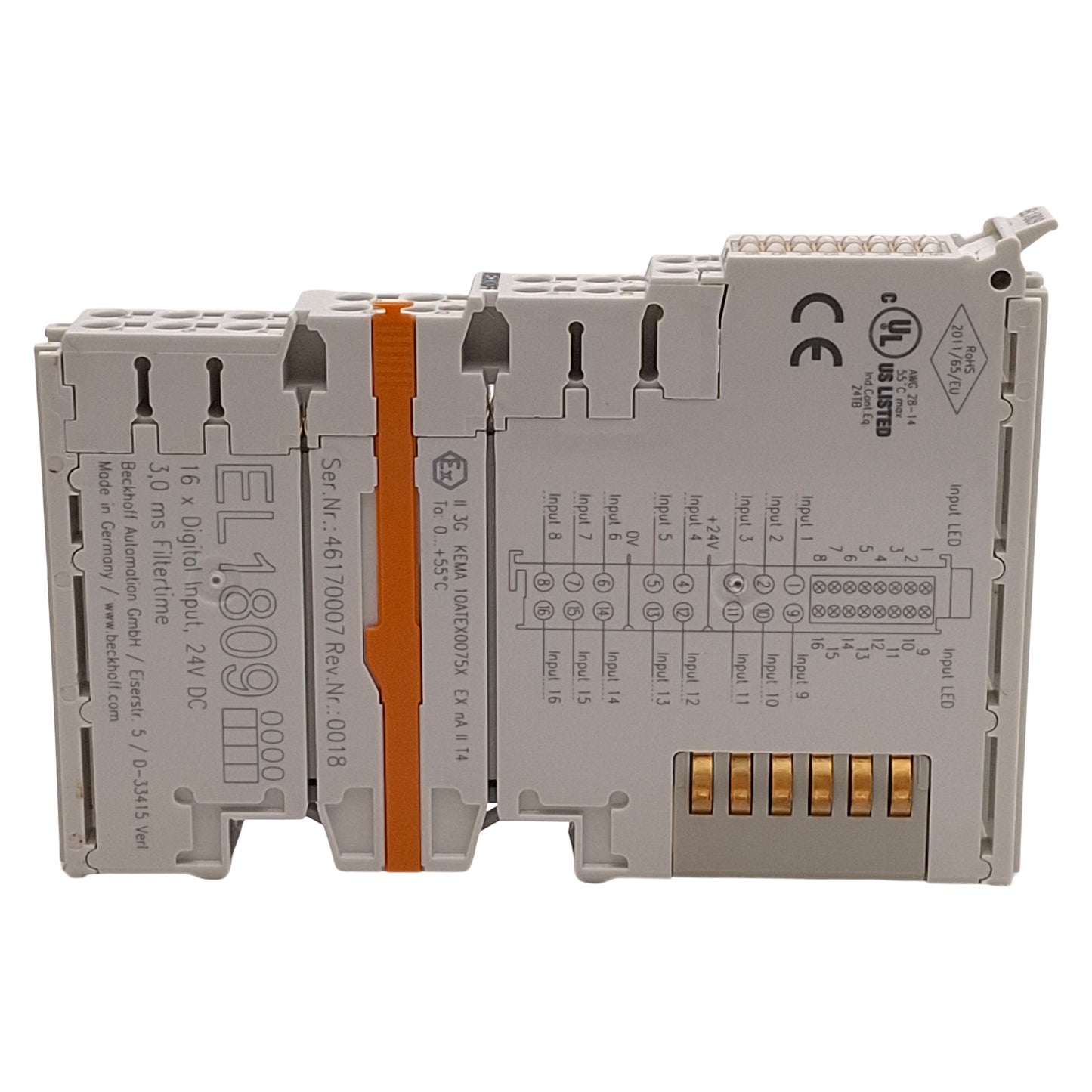 Used Beckhoff EL1809 EtherCAT Terminal, 16-Channel Digital Input, 24VDC, 3ms Filter