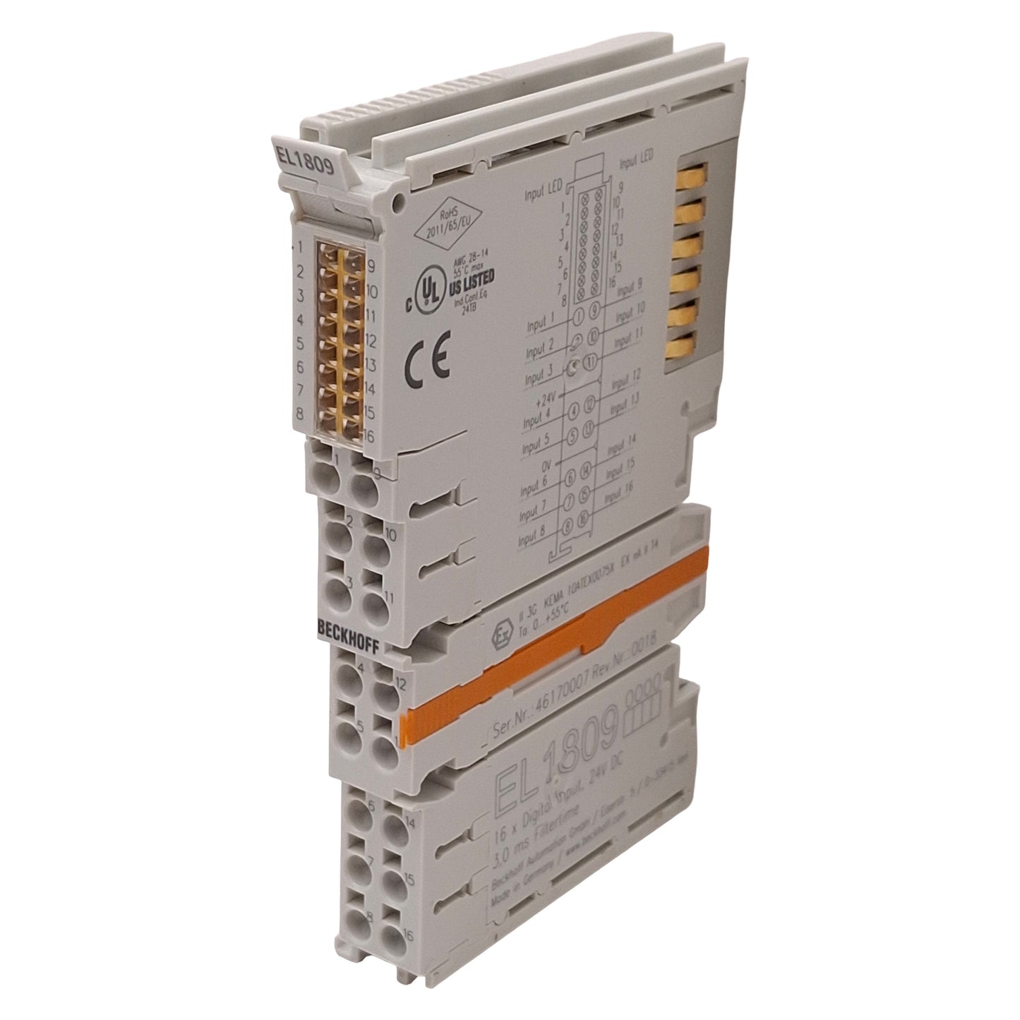 Used Beckhoff EL1809 EtherCAT Terminal, 16-Channel Digital Input, 24VDC, 3ms Filter