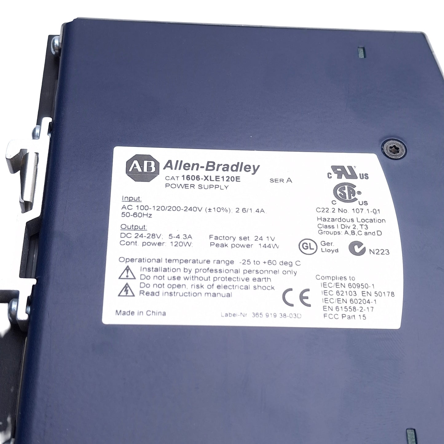 Used Allen Bradley 1606-XLE120E Power Supply, 120/240VAC Input, 24-28VDC 120W Output