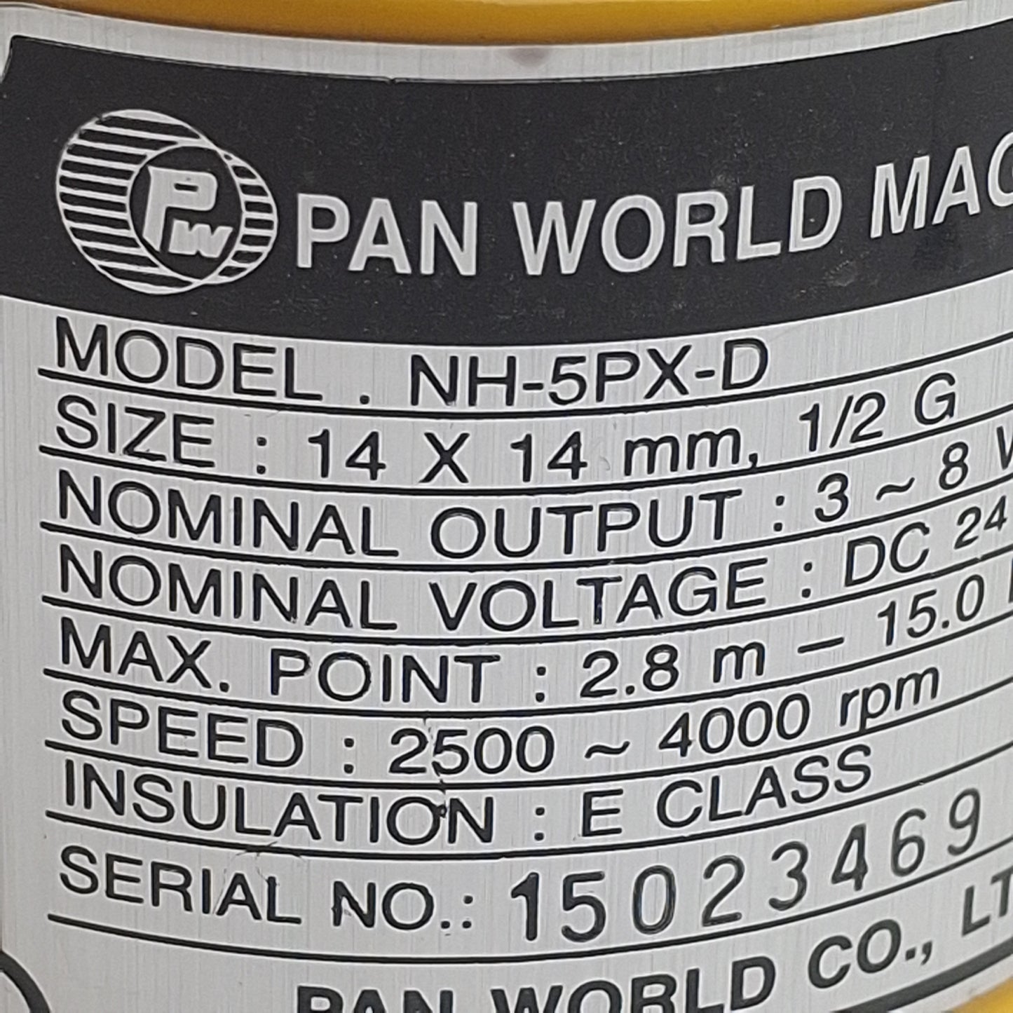 Used Pan World NH-5PX-D Magnet Drive Pump, 14 x 14mm Hose, G1/2, 8W 24VDC, 15l/min