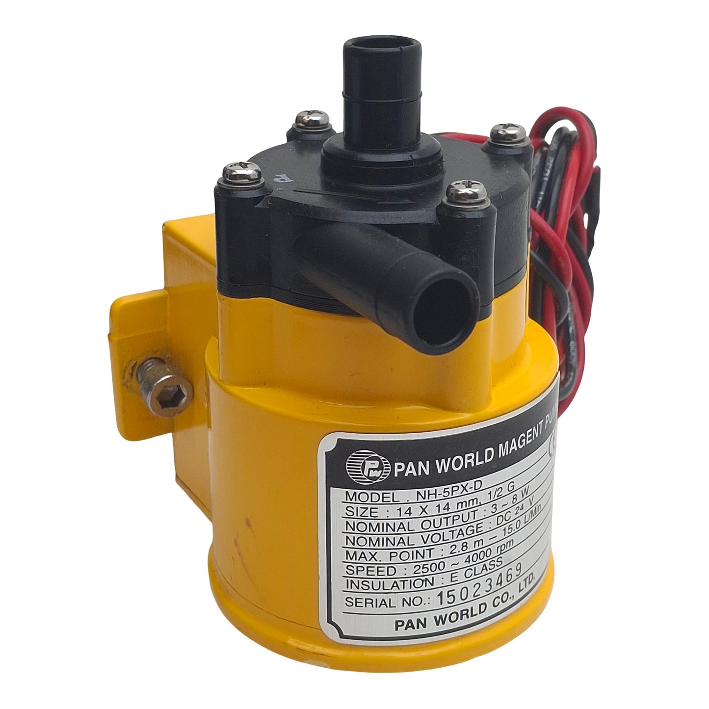Used Pan World NH-5PX-D Magnet Drive Pump, 14 x 14mm Hose, G1/2, 8W 24VDC, 15l/min