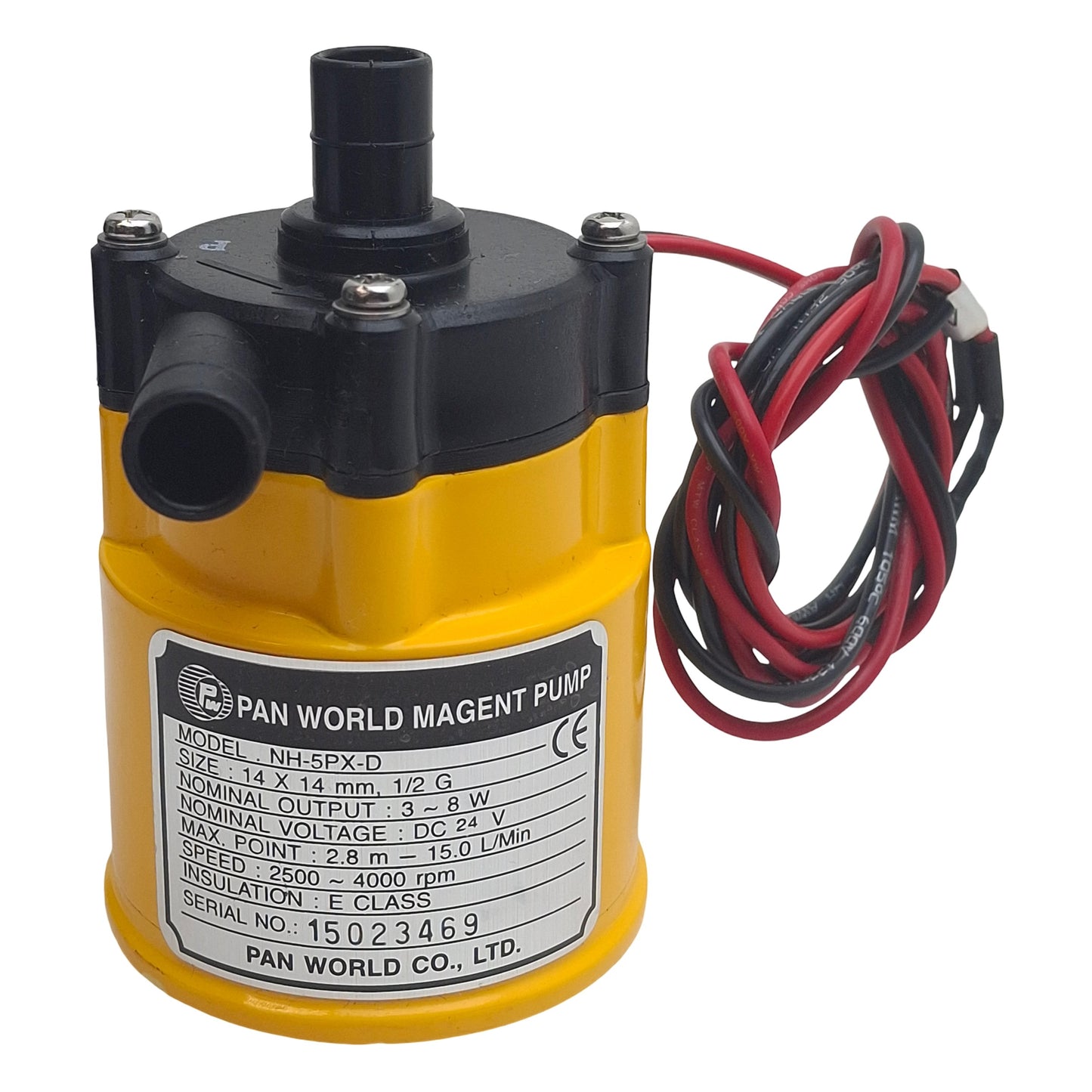 Used Pan World NH-5PX-D Magnet Drive Pump, 14 x 14mm Hose, G1/2, 8W 24VDC, 15l/min