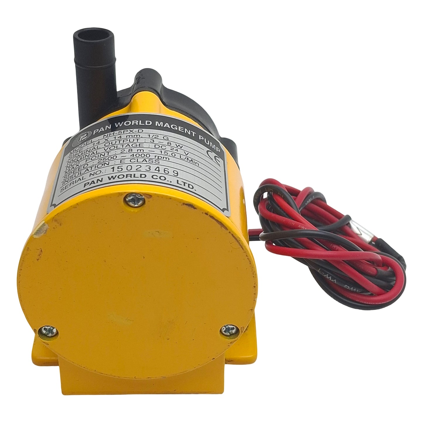 Used Pan World NH-5PX-D Magnet Drive Pump, 14 x 14mm Hose, G1/2, 8W 24VDC, 15l/min