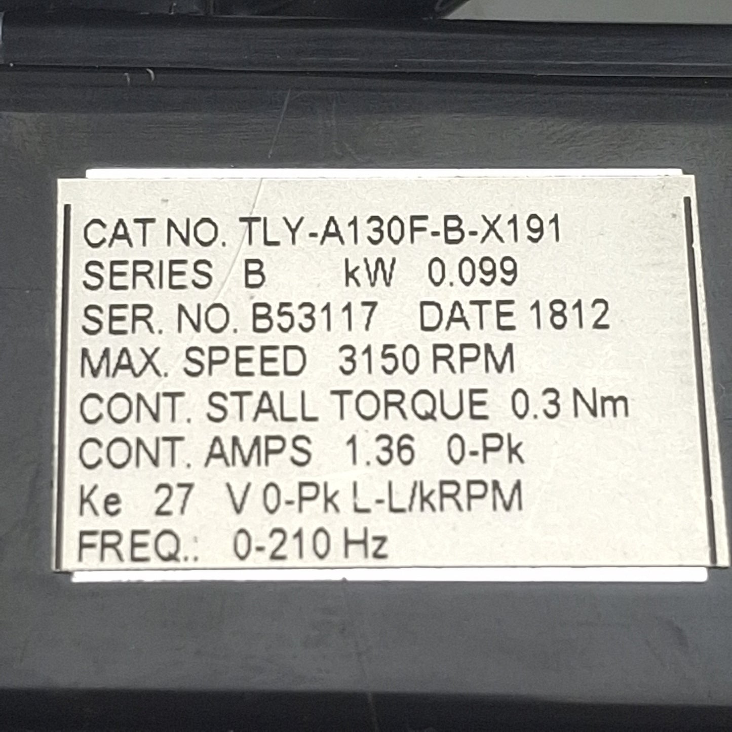 Used Allen Bradley TLY-A130F-B-X191 Servo Motor, 0.099kW, 200VAC, 3150RPM, NEMA 32