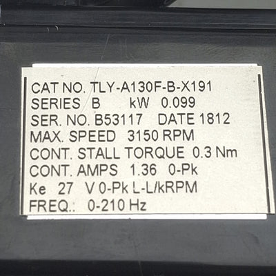 Used Allen Bradley TLY-A130F-B-X191 Servo Motor, 0.099kW, 200VAC, 3150RPM, NEMA 32