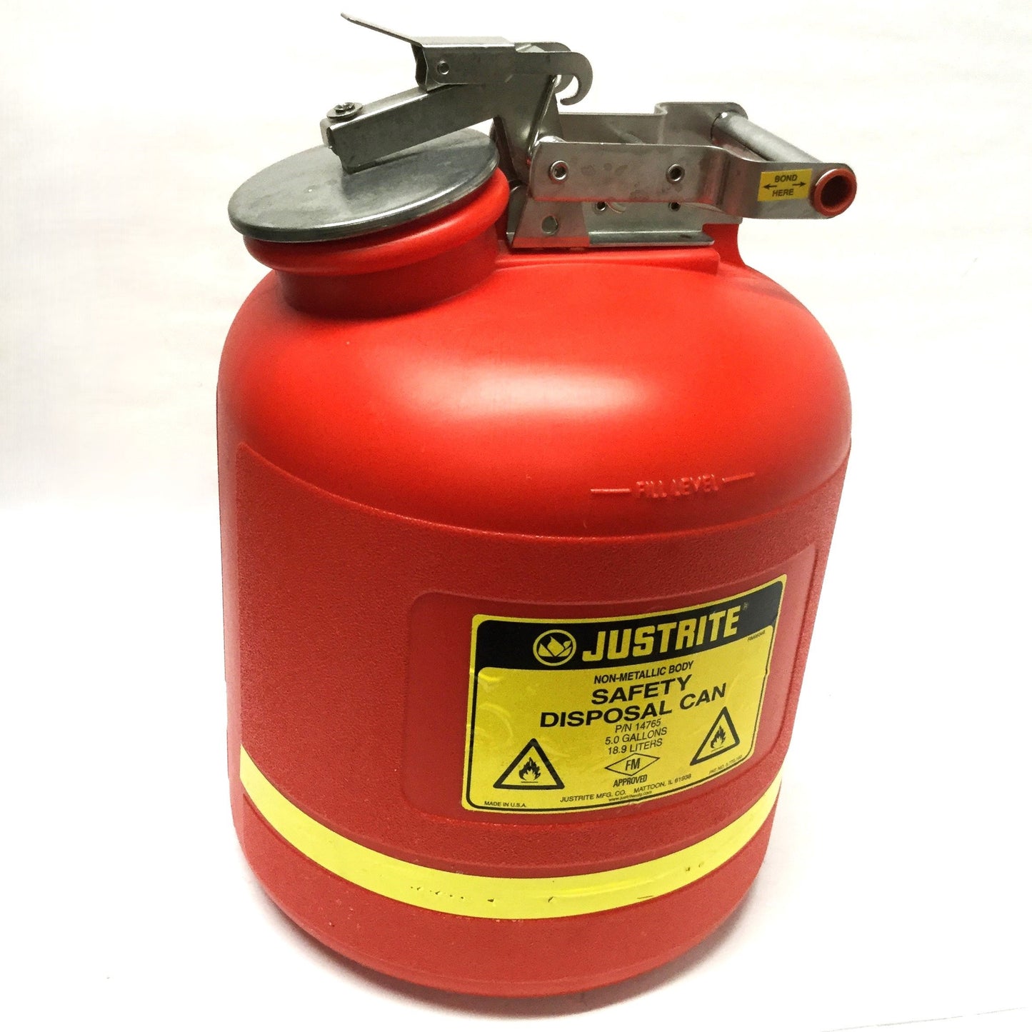 Used Justrite 14765 Liquid Disposal Safety Can, Red, 5-Gallon, HDPE, ⌀12" x 20"