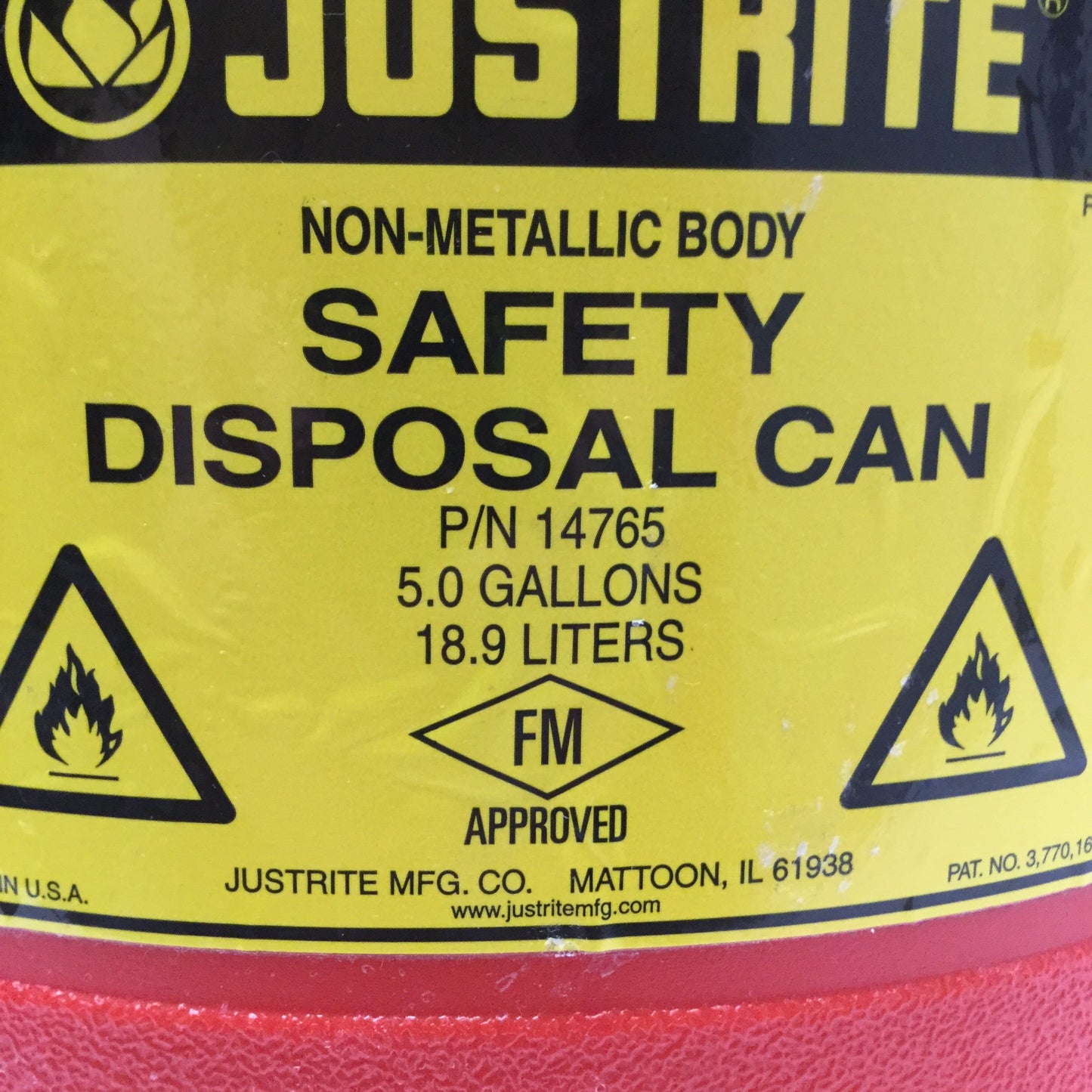 Used Justrite 14765 Liquid Disposal Safety Can, Red, 5-Gallon, HDPE, ⌀12" x 20"