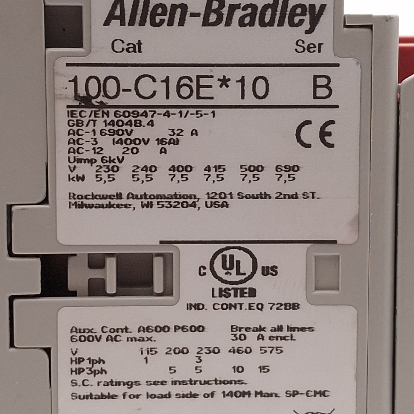 Used Allen Bradley 100S-C16EJ14C Guardmaster Safety Contactor, 1NO+4NC, 16A 400VAC