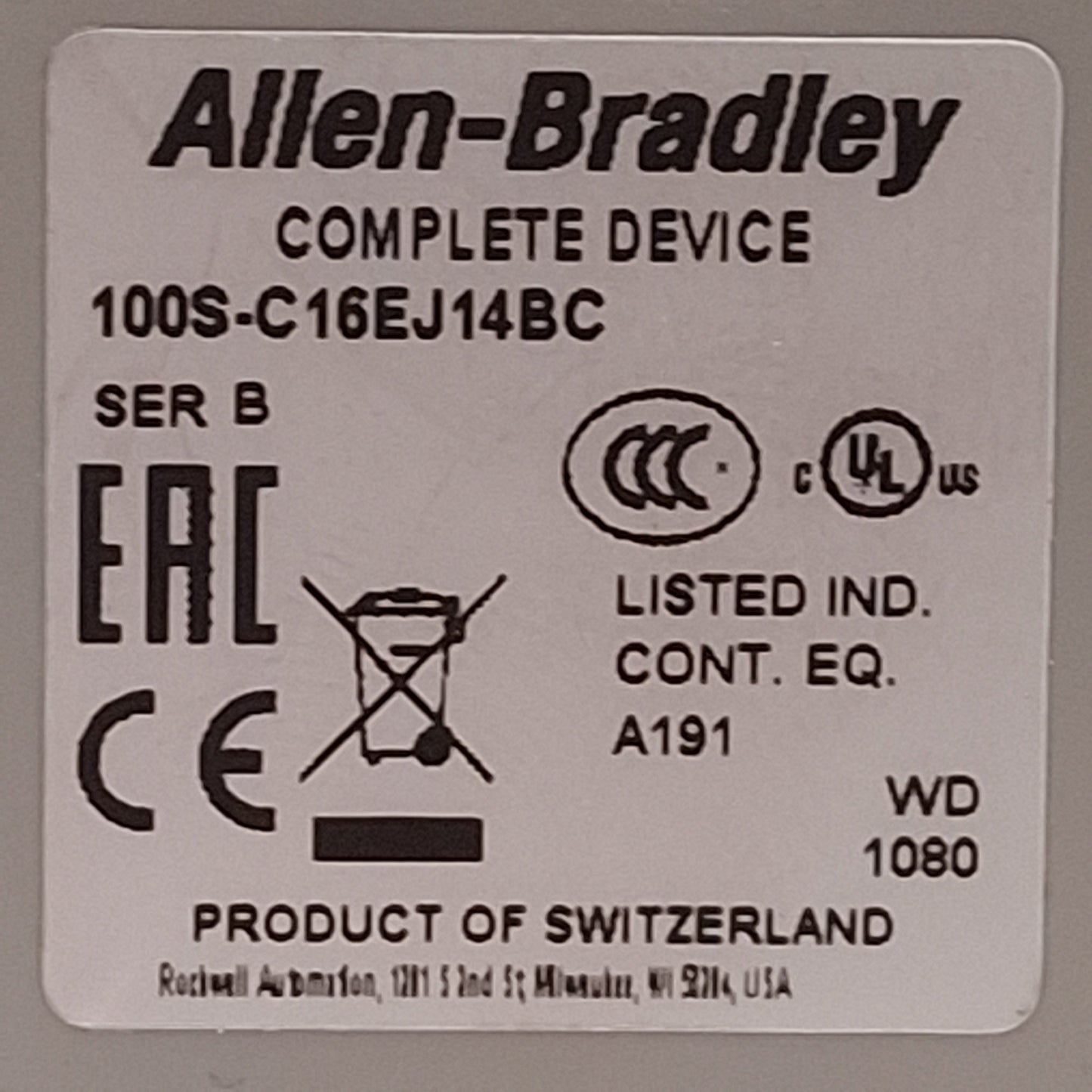 Used Allen Bradley 100S-C16EJ14C Guardmaster Safety Contactor, 1NO+4NC, 16A 400VAC