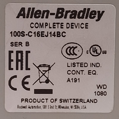 Used Allen Bradley 100S-C16EJ14C Guardmaster Safety Contactor, 1NO+4NC, 16A 400VAC