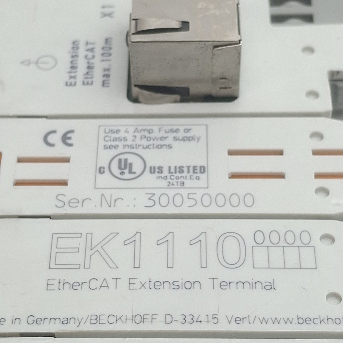 Used Beckhoff EK1110 EtherCAT Extension Terminal, 100 Mbit/s, RJ45 *w/out Cover*