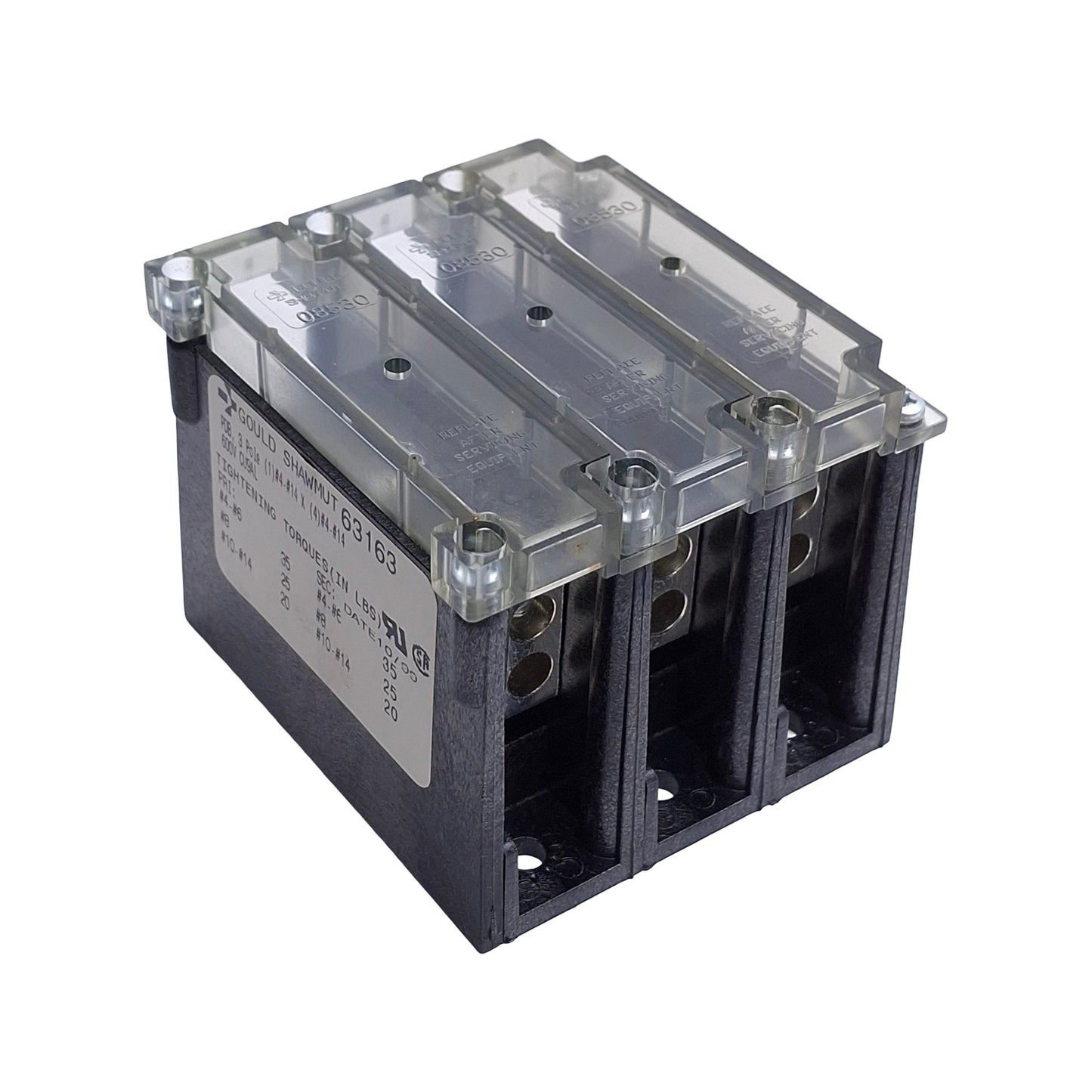 Used Gould Shawmut 63163 Power Distribution Block, 3-Poles, 1x4 Line/Load, 85A 600VAC