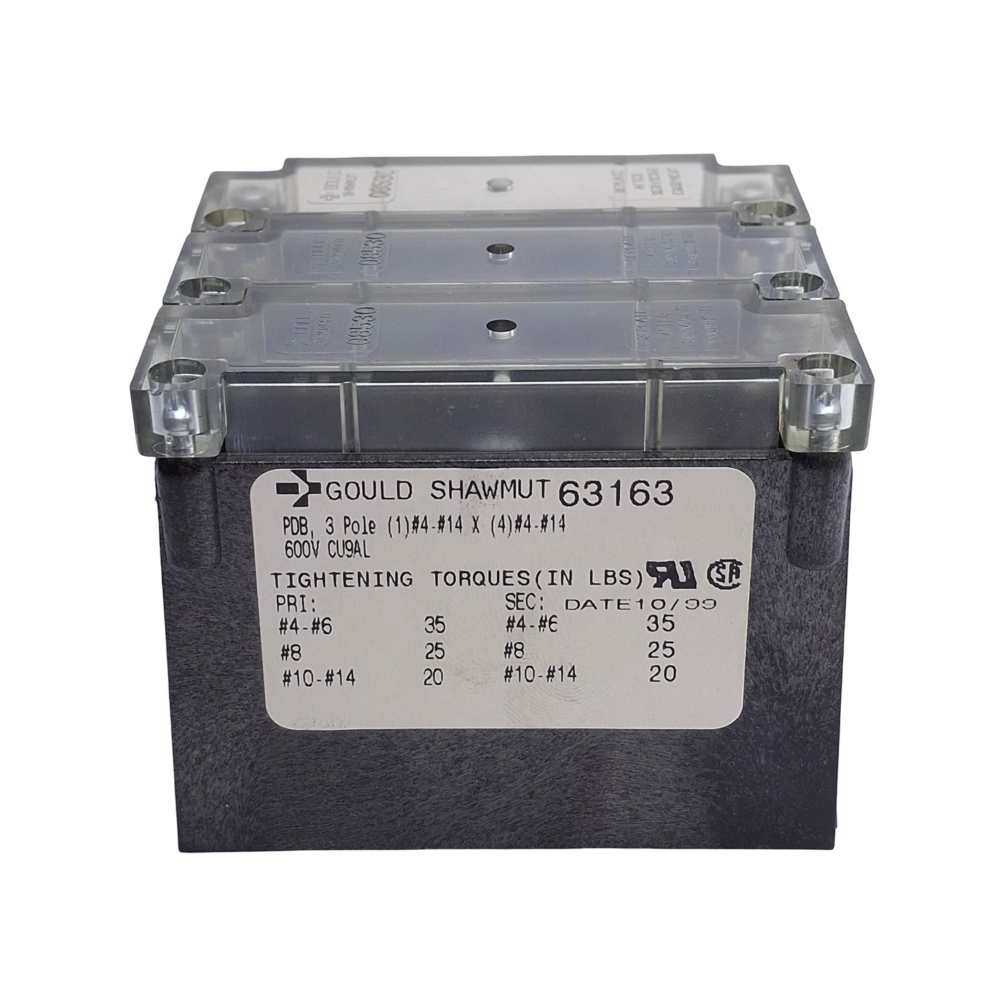 Used Gould Shawmut 63163 Power Distribution Block, 3-Poles, 1x4 Line/Load, 85A 600VAC