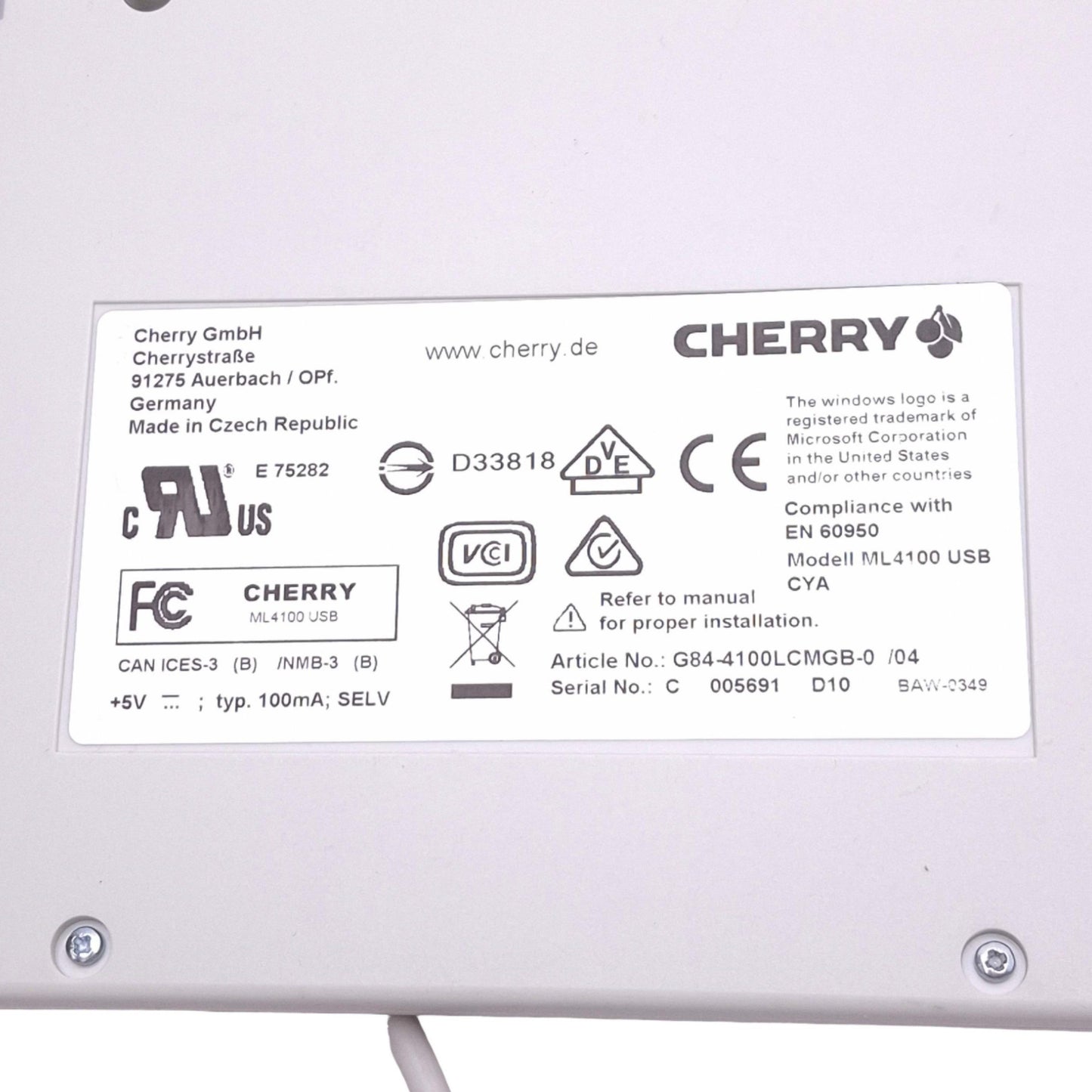 Used Cherry G84-4100LCMGB-0 Slim Compact Mechanical Keyboard, 86-Key, USB A