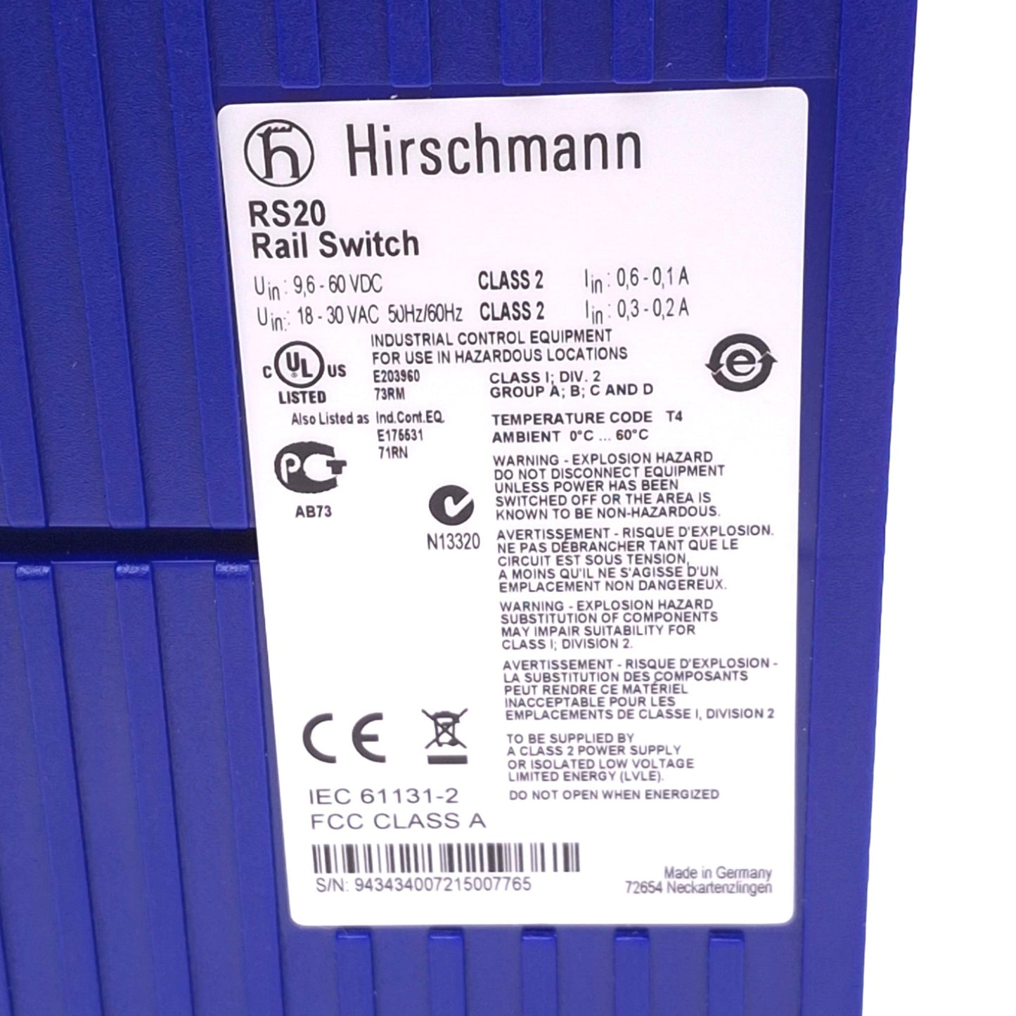 Used Hirschmann RS20-0400T1T1SDAEHH07.0.02 Ethernet Rail Switch, 4-Port RJ45, 24VDC
