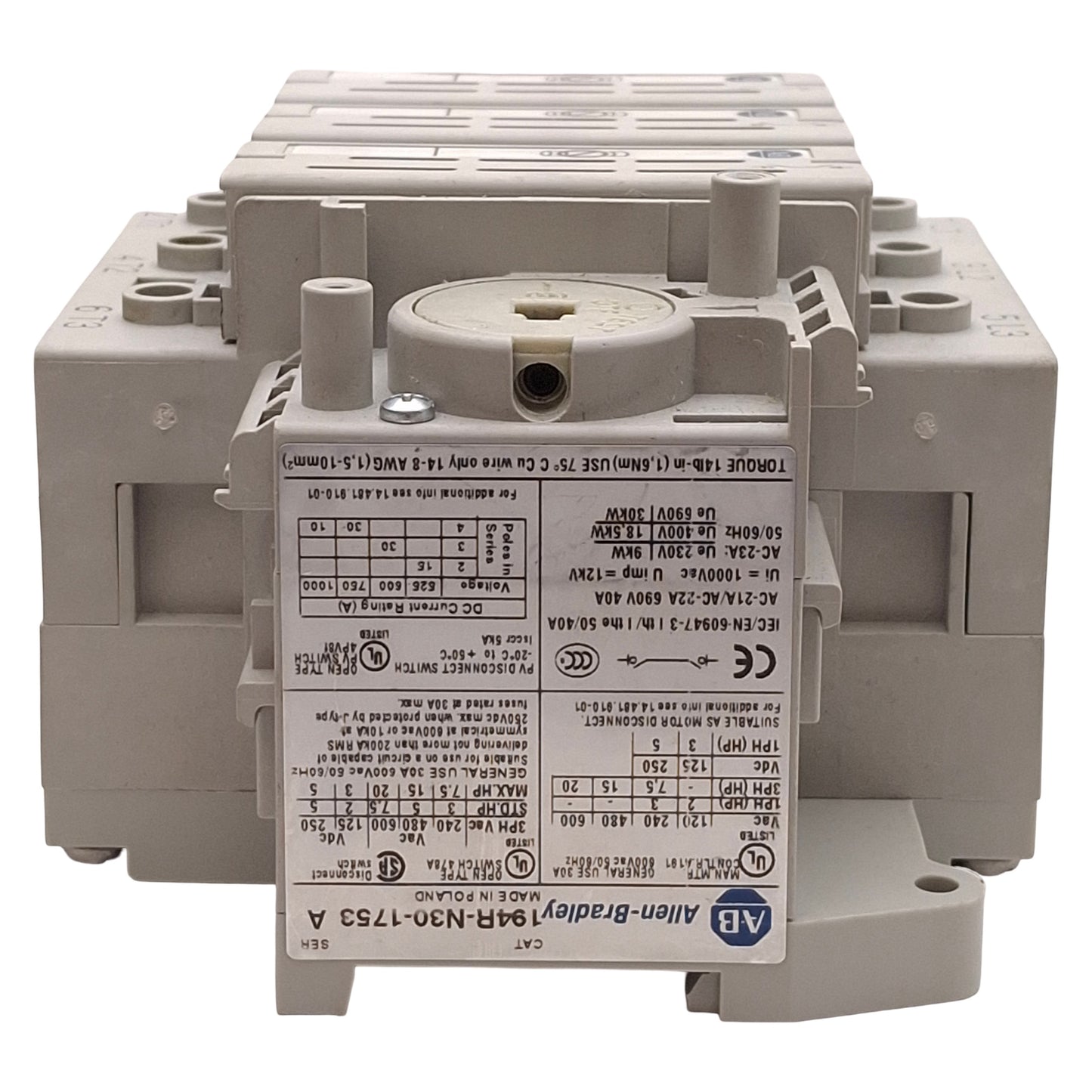 Used Allen Bradley 194R-N30-1753 Non-Fused Disconnect Switch, 3-Pole, 20HP 30A 600VAC