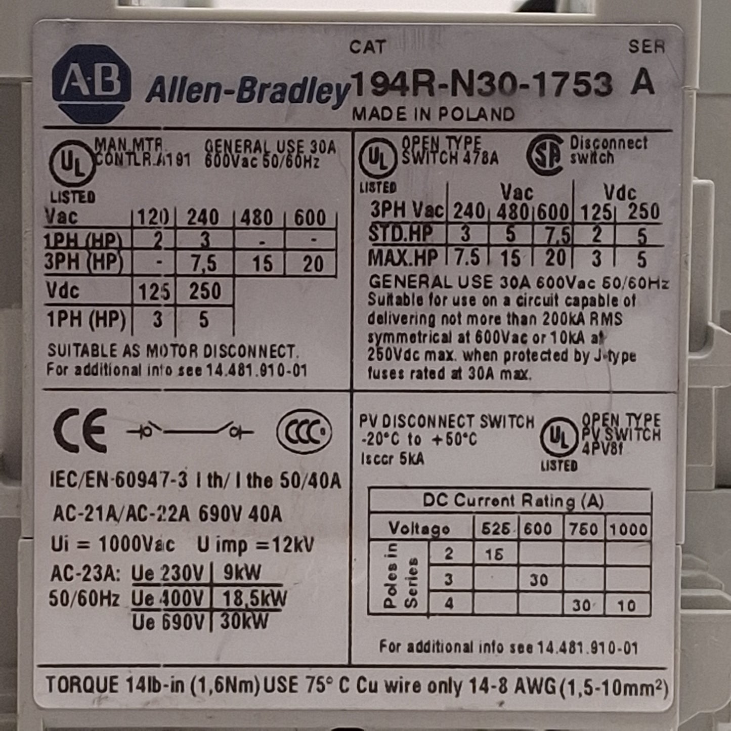Used Allen Bradley 194R-N30-1753 Non-Fused Disconnect Switch, 3-Pole, 20HP 30A 600VAC