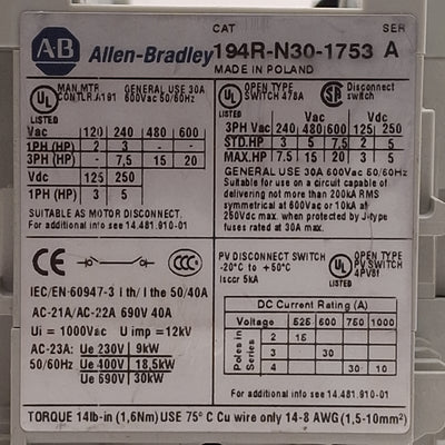 Used Allen Bradley 194R-N30-1753 Non-Fused Disconnect Switch, 3-Pole, 20HP 30A 600VAC