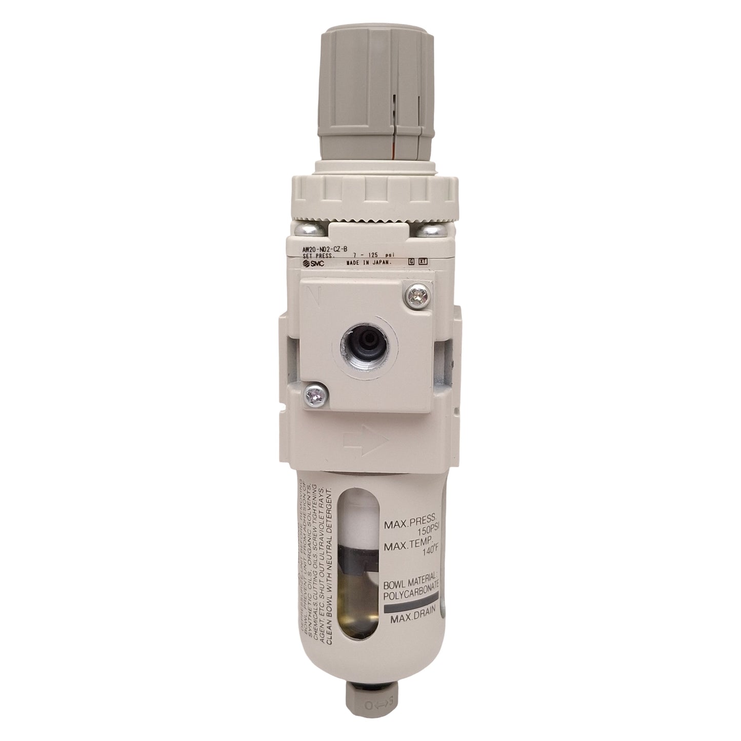 Used SMC AW20-N02-CZ-B Pneumatic Filter Regulator, 5µm, 7-125psi Set, 1/4in NPT