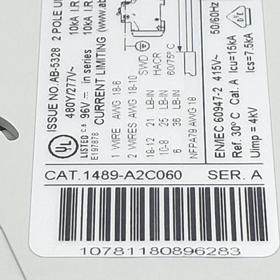 Used Allen Bradley 1489-A2C060 Circuit Breaker, 2-Pole, 6A 480Y/277VAC, DIN Rail