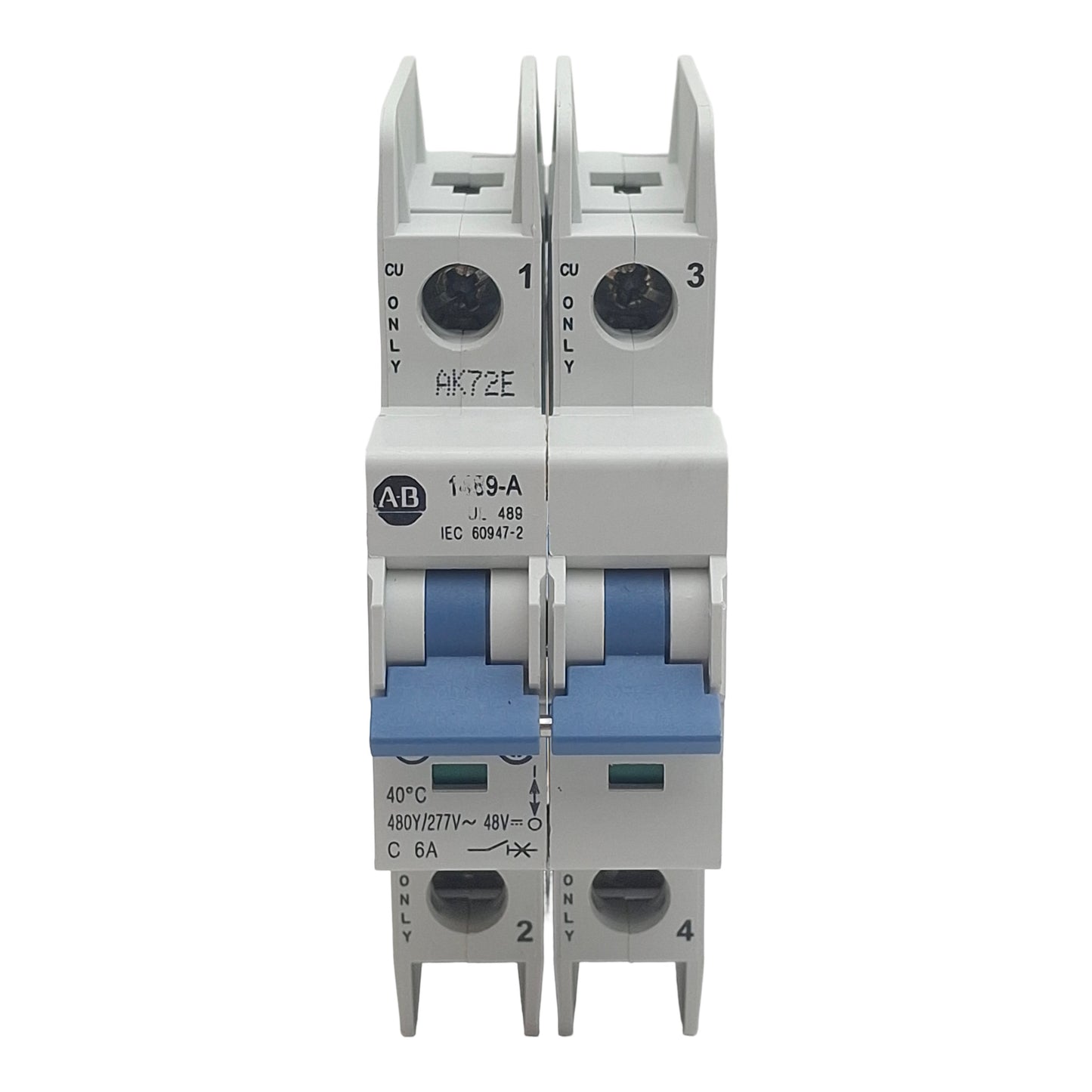 Used Allen Bradley 1489-A2C060 Circuit Breaker, 2-Pole, 6A 480Y/277VAC, DIN Rail