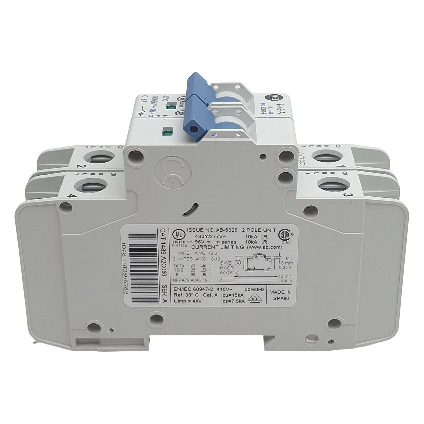Used Allen Bradley 1489-A2C060 Circuit Breaker, 2-Pole, 6A 480Y/277VAC, DIN Rail