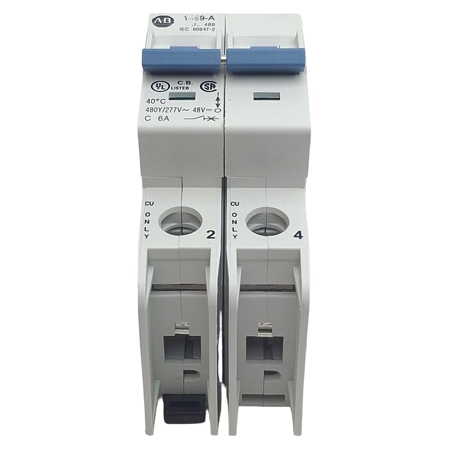 Used Allen Bradley 1489-A2C060 Circuit Breaker, 2-Pole, 6A 480Y/277VAC, DIN Rail