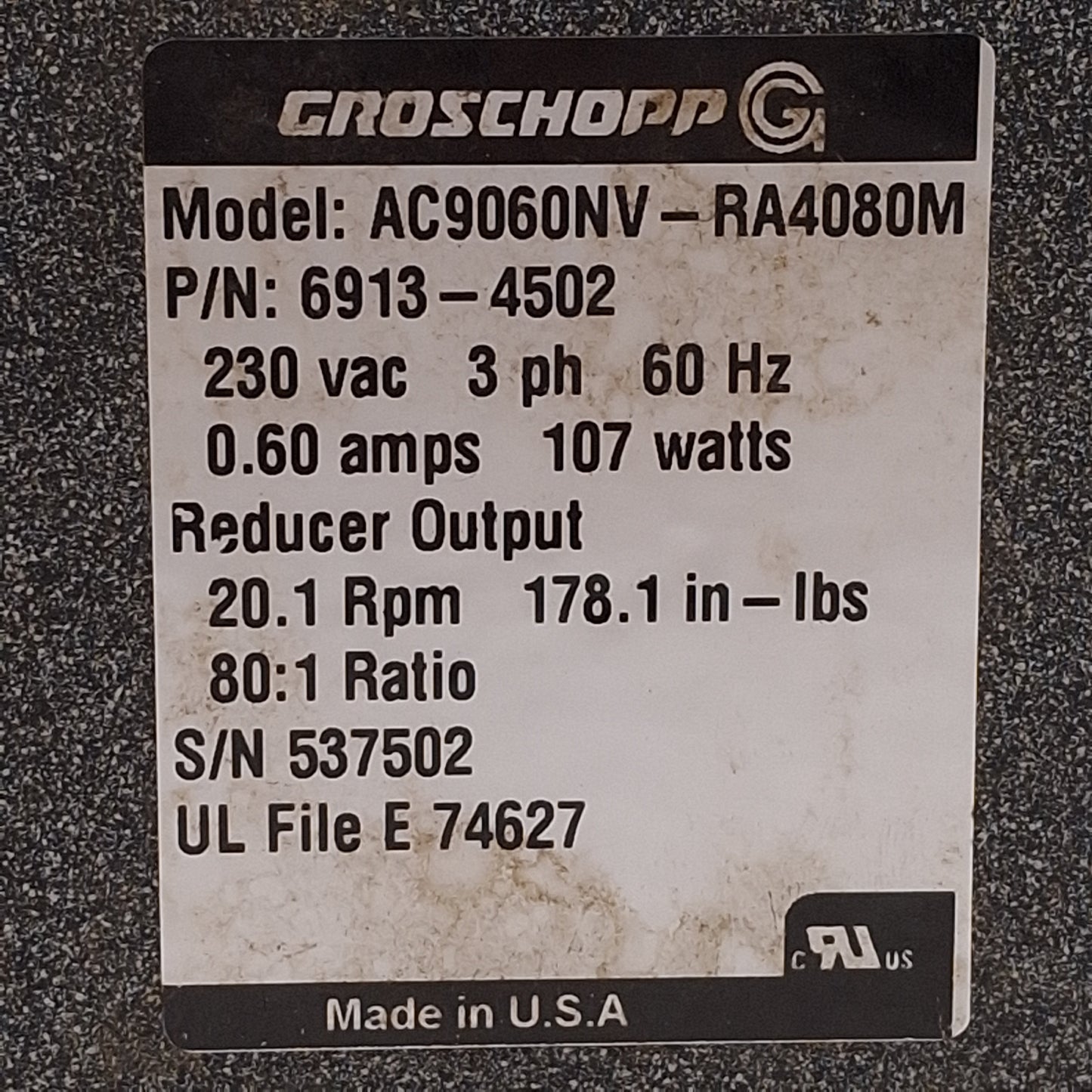 Used Groschopp AC9060NV-RA4080M AC Motor 107W 3Ø 230VAC 1608rpm ø1/2" & ø7/16" Shafts