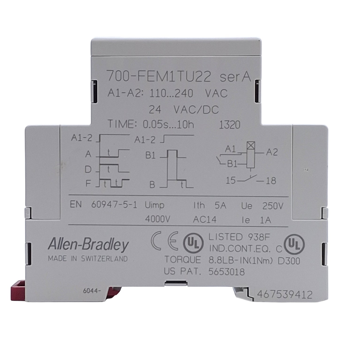 Used Allen Bradley 700-FEM1TU22 Timing Relay 0.05s-10hr, 1NO, 5A 24VAC/DC 110-240VAC