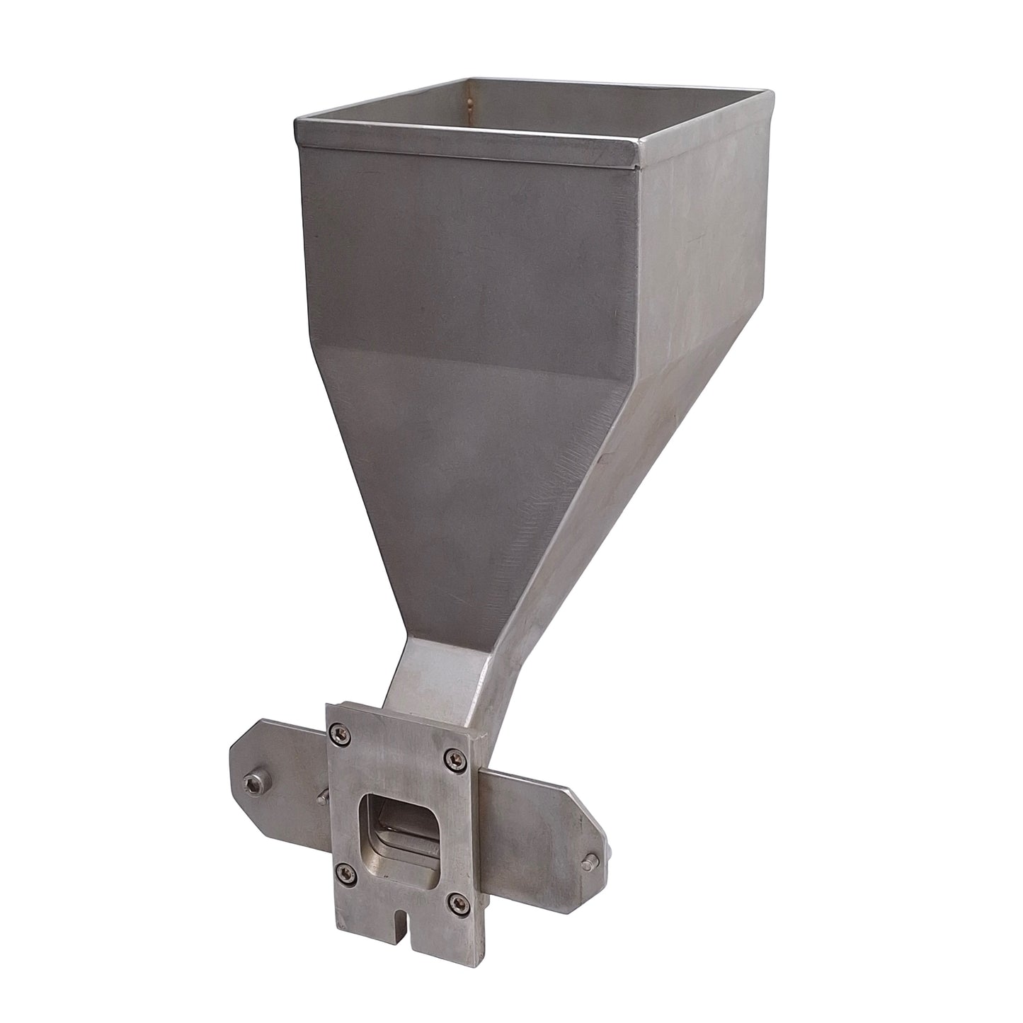 Used Stainless Steel 90 Degree Material Hopper With Latch, 132mm x 132mm Inlet