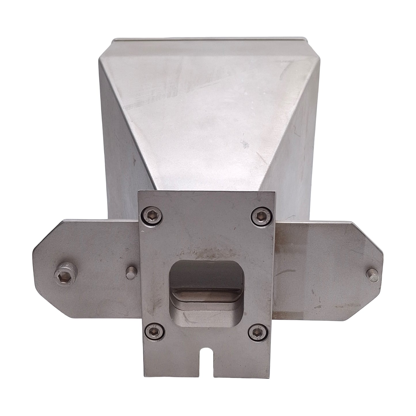 Used Stainless Steel Material Hopper With Latch, 132mm x 132mm Inlet, 34mm Outlet