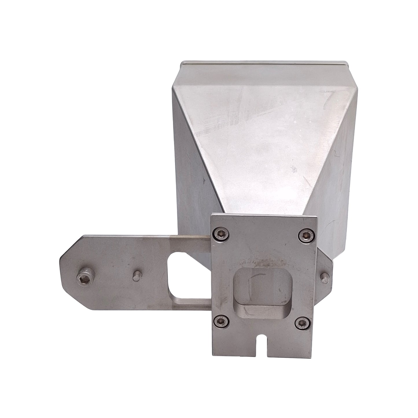 Used Stainless Steel Material Hopper With Latch, 132mm x 132mm Inlet, 34mm Outlet