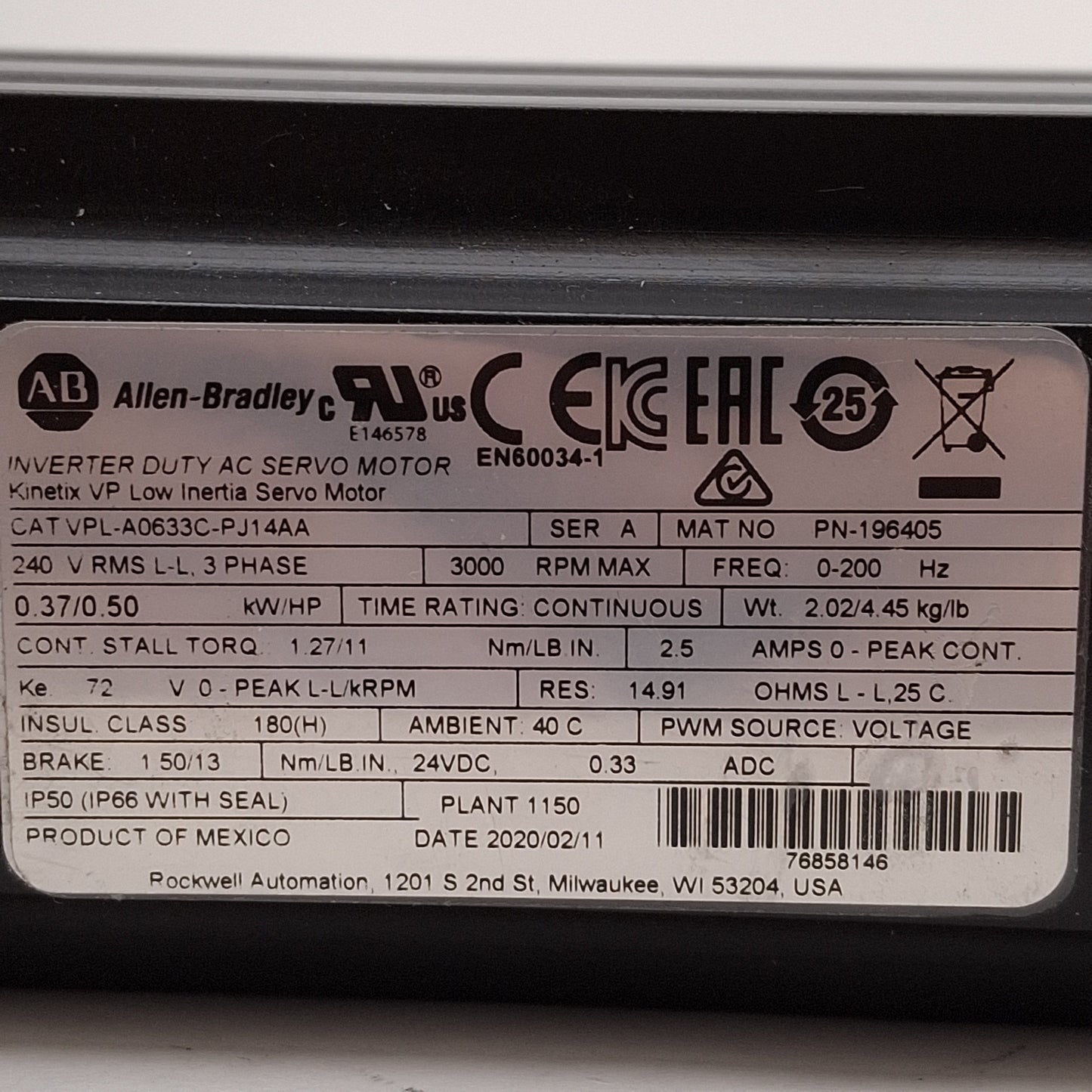 New Allen Bradley VPL-A0633C-PJ14AA Servo Motor 0.37kW/0.5HP, 3Ø 240VAC, 24VDC Brake