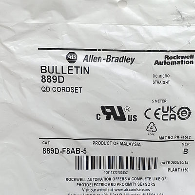 New Allen Bradley 889D-F8AB-5 Micro Cable Cordset, 2A 30VAC/DC, 8-Pin M12 Female, 5m