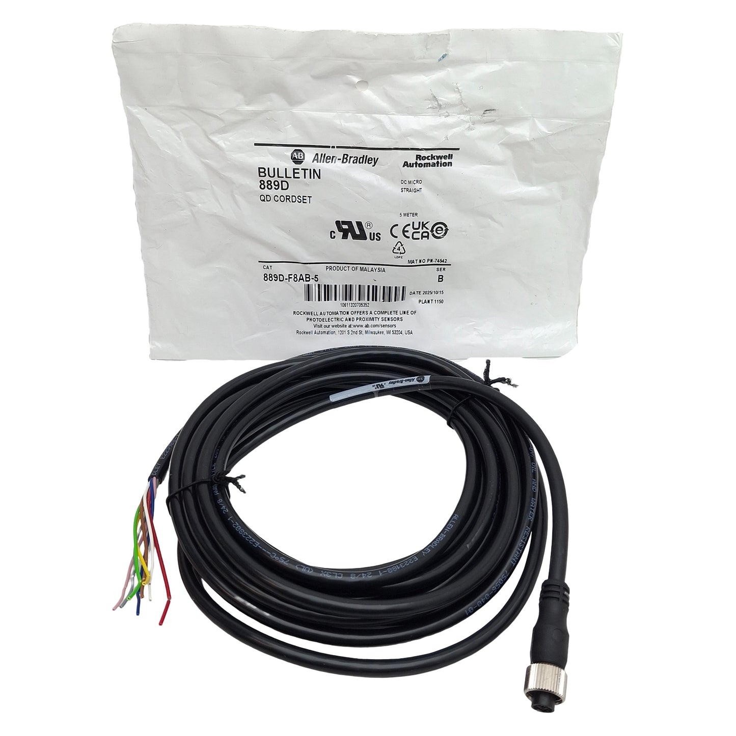New Allen Bradley 889D-F8AB-5 Micro Cable Cordset, 2A 30VAC/DC, 8-Pin M12 Female, 5m