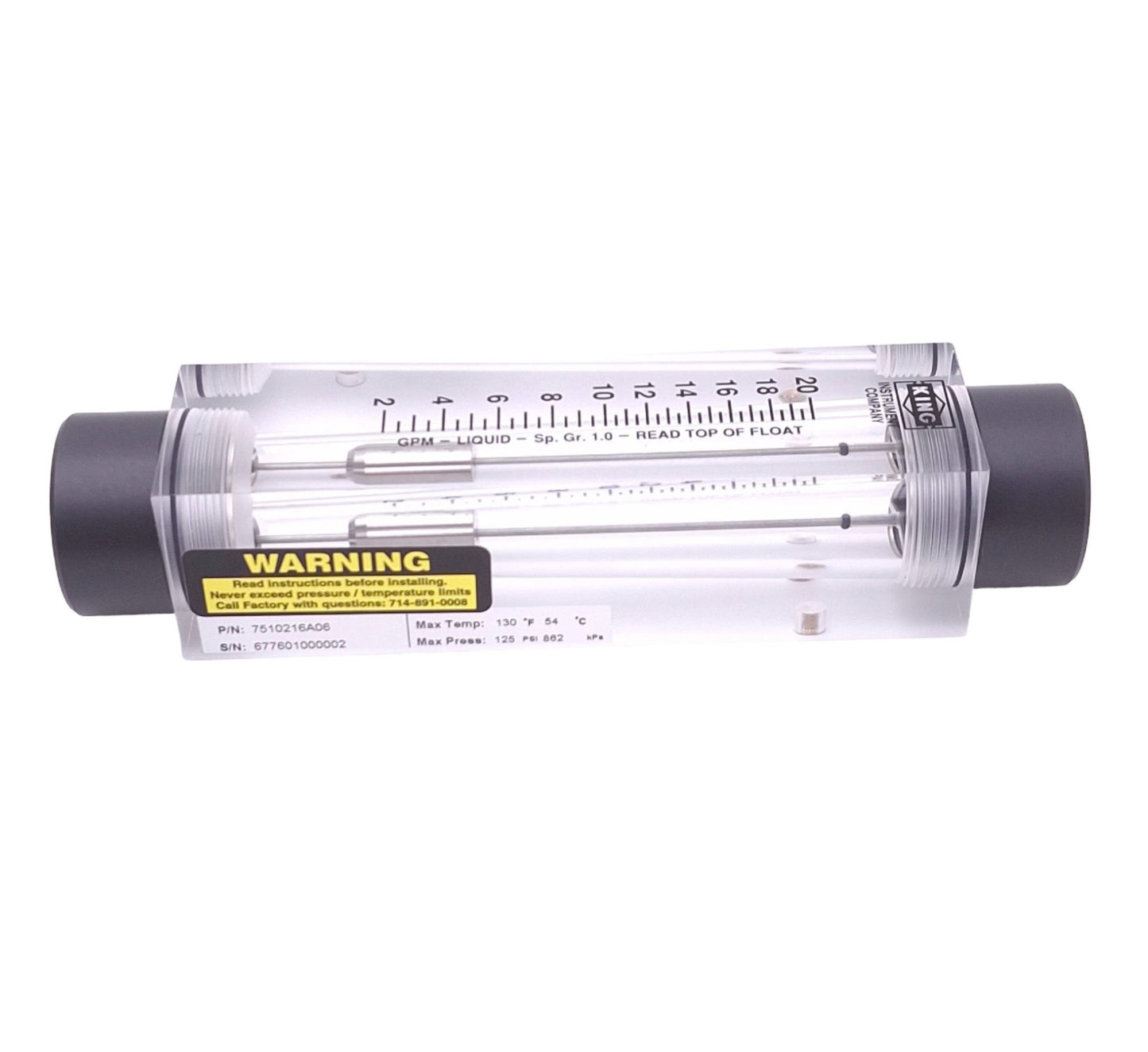 New King Instrument 7510216A06 Flowmeter, 2-20Gpm Range, 1in NPT, 125psi Max