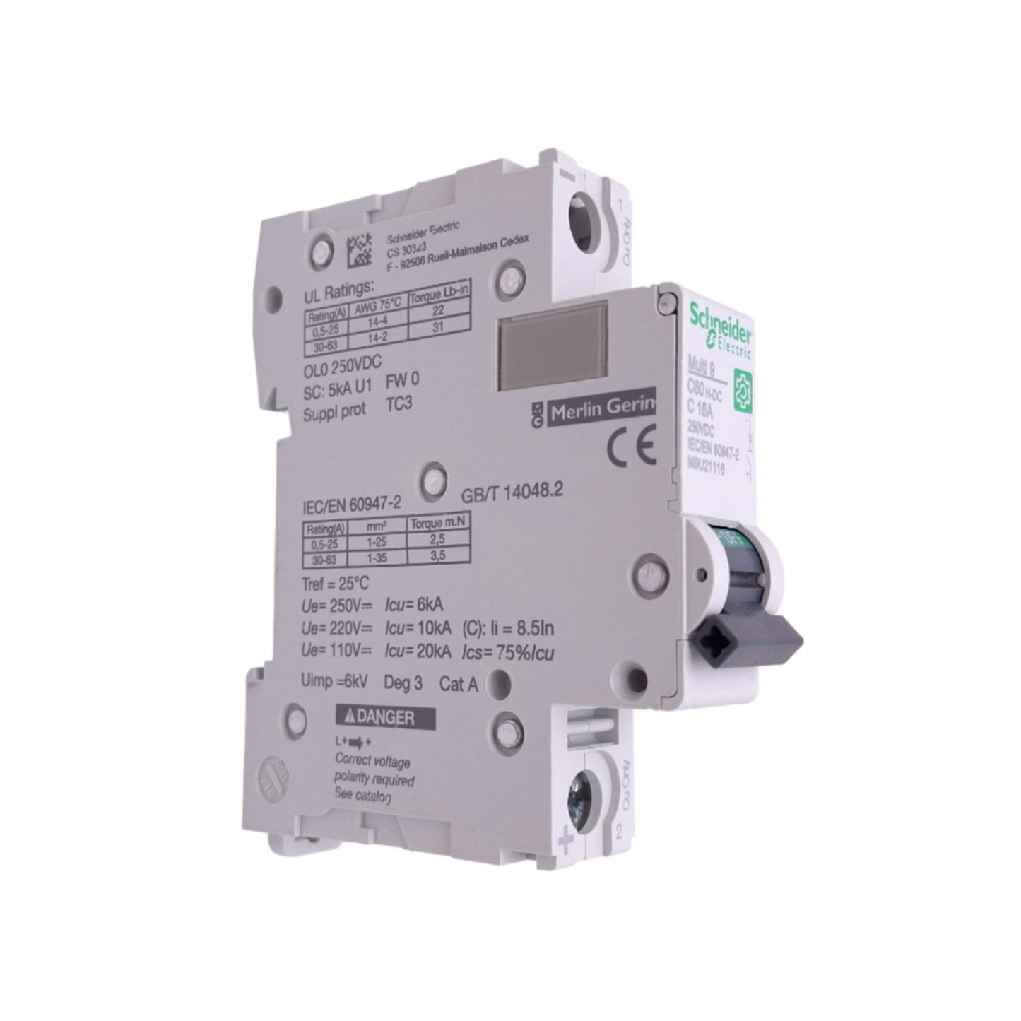 New – Open box Schneider Electric M9U21116 Circuit Breaker, 1-Pole 16A, 250VDC Max, DIN Rail