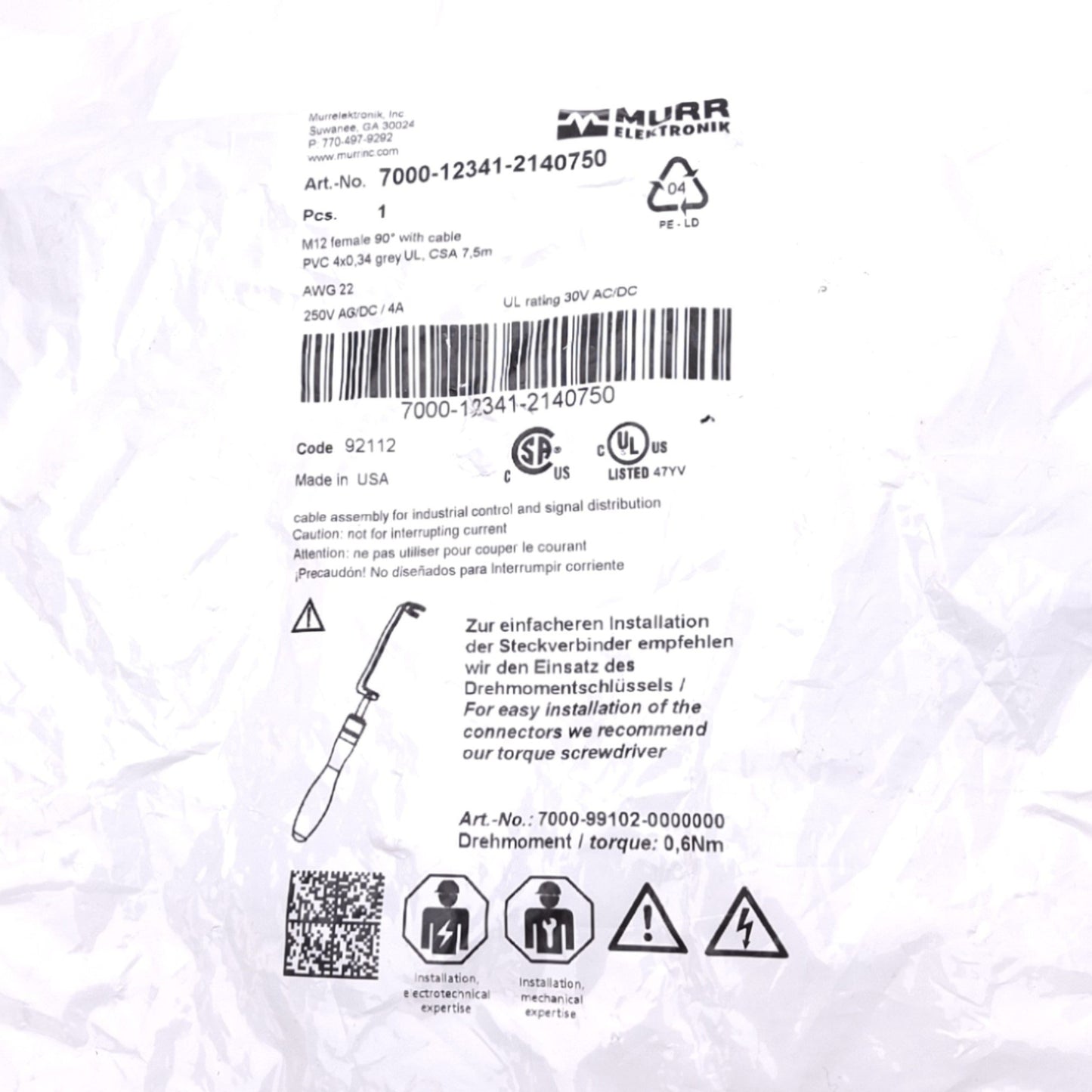 New Murr Elektronik 7000-12341-2140750 Cordset, M12 5-Pin Female 90°, 7.5m Length