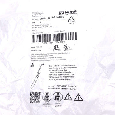 New Murr Elektronik 7000-12341-2140750 Cordset, M12 5-Pin Female 90°, 7.5m Length