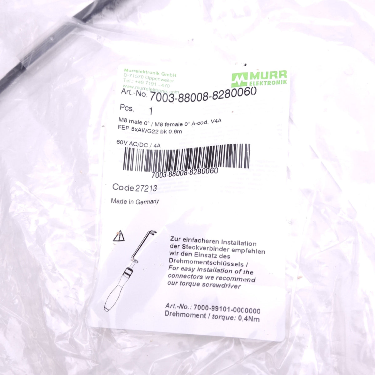 New Murr Elektronik 7003-88008-8280060 Cordset, M8 3-Pin Male to Female, 0.6m