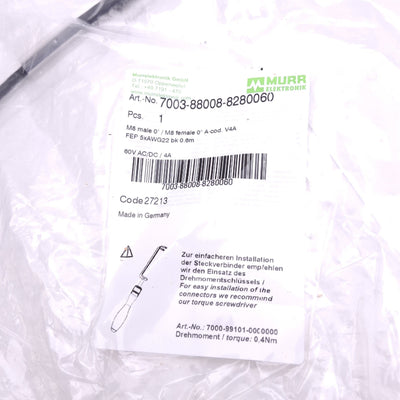 New Murr Elektronik 7003-88008-8280060 Cordset, M8 3-Pin Male to Female, 0.6m