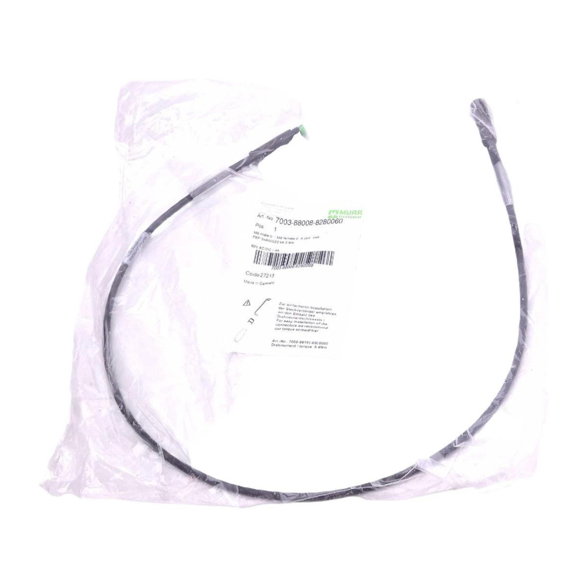 New Murr Elektronik 7003-88008-8280060 Cordset, M8 3-Pin Male to Female, 0.6m